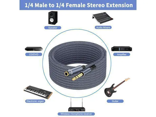 Alt view image 11 of 14 - 1/4 inch Extension Cable 10ft 1/4 Male to Female Stereo Headphone Guitar Cable