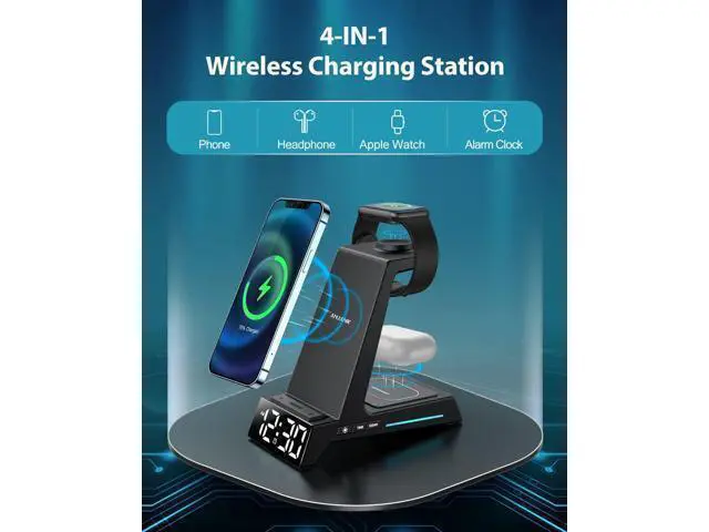 Alt view image 9 of 14 - Wireless Charging Station - 4 in 1 Wireless Charger with Alarm Clock, Charging Stand Dock for iPhone 15/14/13/12/11/Pro/Max/XR/XS/X/ Phone, for AirPods Pro/3/2, Apple Watch 9/8/7/6/5/SE/4/3/2