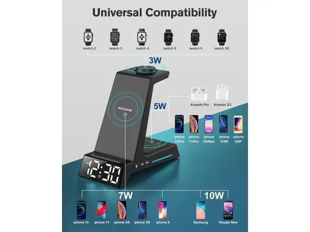 Alt view image 12 of 14 - Wireless Charging Station - 4 in 1 Wireless Charger with Alarm Clock, Charging Stand Dock for iPhone 15/14/13/12/11/Pro/Max/XR/XS/X/ Phone, for AirPods Pro/3/2, Apple Watch 9/8/7/6/5/SE/4/3/2