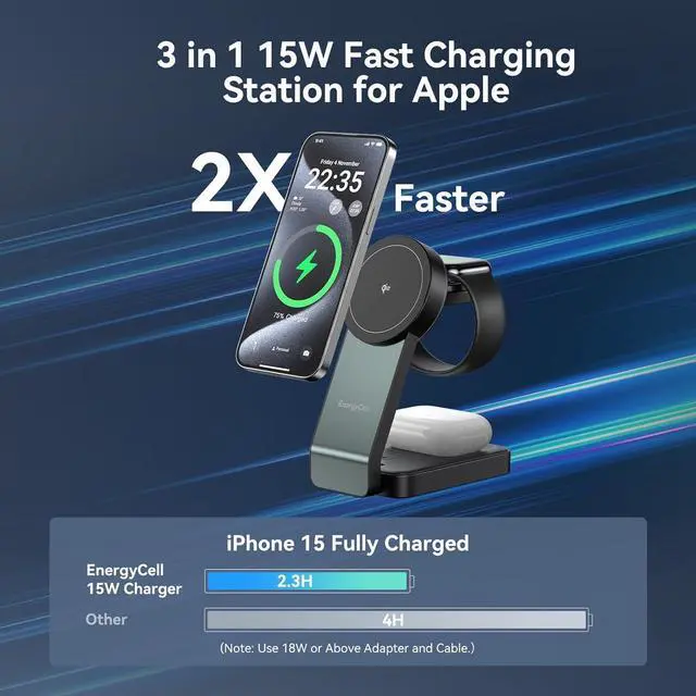 Alt view image 9 of 14 - 3-in-1 Wireless Charging Station for Devices Qi2 Certified 15W Charger Stand Magnetic Foldable Fast Charger for iPhone 16/15/15 Pro/14/13/12 Watch AirPods (30W USB-C Charger Included)