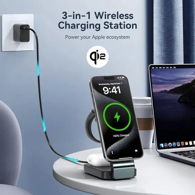 Alt view image 10 of 14 - 3-in-1 Wireless Charging Station for Devices Qi2 Certified 15W Charger Stand Magnetic Foldable Fast Charger for iPhone 16/15/15 Pro/14/13/12 Watch AirPods (30W USB-C Charger Included)