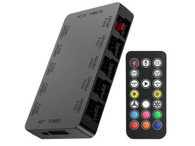Alt view image 8 of 14 - 10-Port ARGB & PWM Fan Hub Controller - Magnetic Mount 5V/3PIN RGB PC Fan Hub with Remote Control, Chassis Key Control & SATA Power - Support 10 PWM Case Fans Splitter & ARGB Lighting Devices