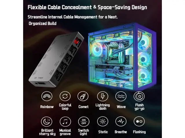 Alt view image 14 of 14 - 10-Port ARGB & PWM Fan Hub Controller - Magnetic Mount 5V/3PIN RGB PC Fan Hub with Remote Control, Chassis Key Control & SATA Power - Support 10 PWM Case Fans Splitter & ARGB Lighting Devices