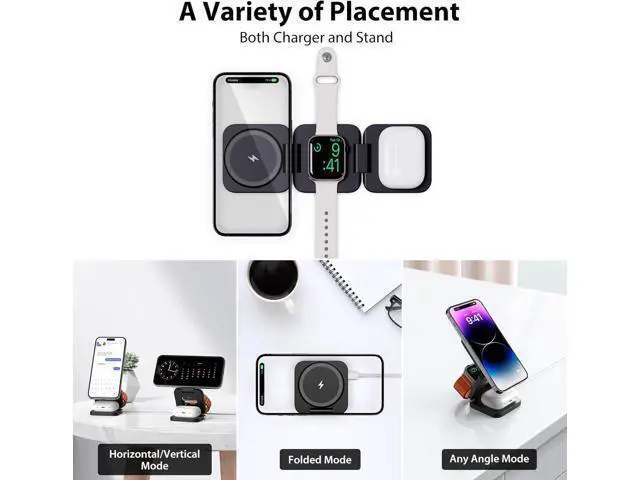 Alt view image 10 of 14 - Fast Wireless Charger Magnetic Foldable 3 in 1 Charging Station for iPhone 16/15/14/13/12/Pro/Plus/Pro Max 5W Portable Charger for Watch10/9/8/7/6/5/4/3/SE for Airpods3/2/Pro-Black