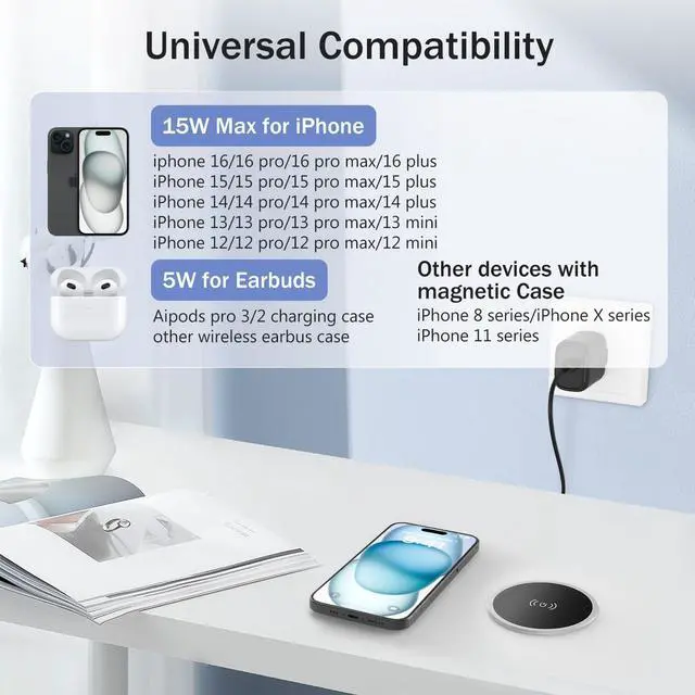 Alt view image 9 of 14 - Wireless Magnetic Charger Desk Mount 15W Fast Charger for iPhone 17 16 Pro Max 15 14 13 12 Series Magnet Qi Charging Pad/Station for AirPods Recessed Hidden Under Desktop Hole Save Nightstand Space