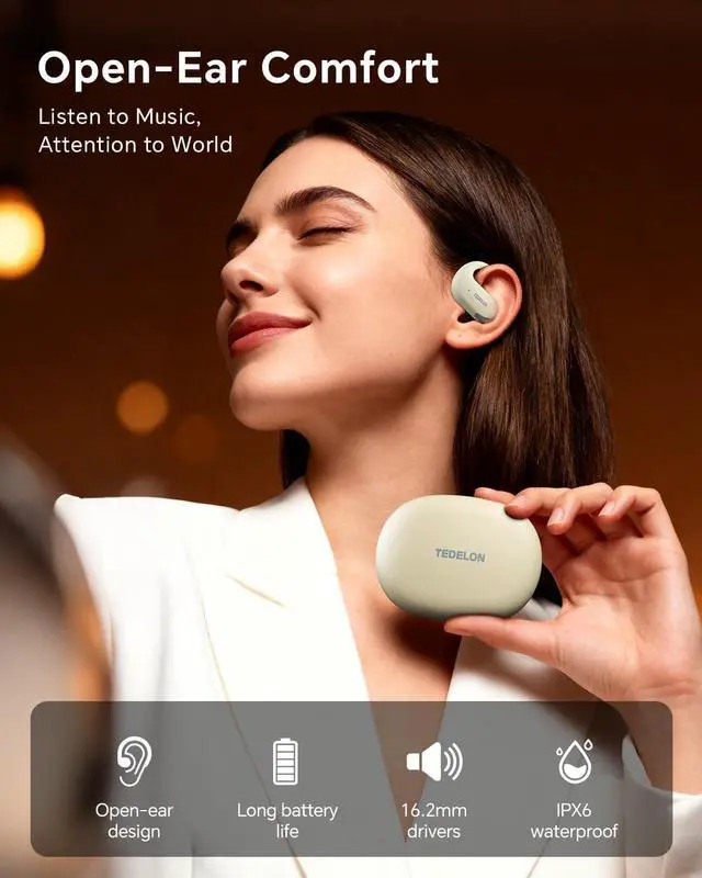 Alt view image 13 of 14 - Open Ear Earbuds, 50H Open Ear Headphones Bluetooth 5.4, IPX6 Open Ear buds Wireless with Adjustable Ear hook, Hi-res Stereo, AI Clear Call, Lightweight, Wireless Over Earbud for Workout, Gym, Running