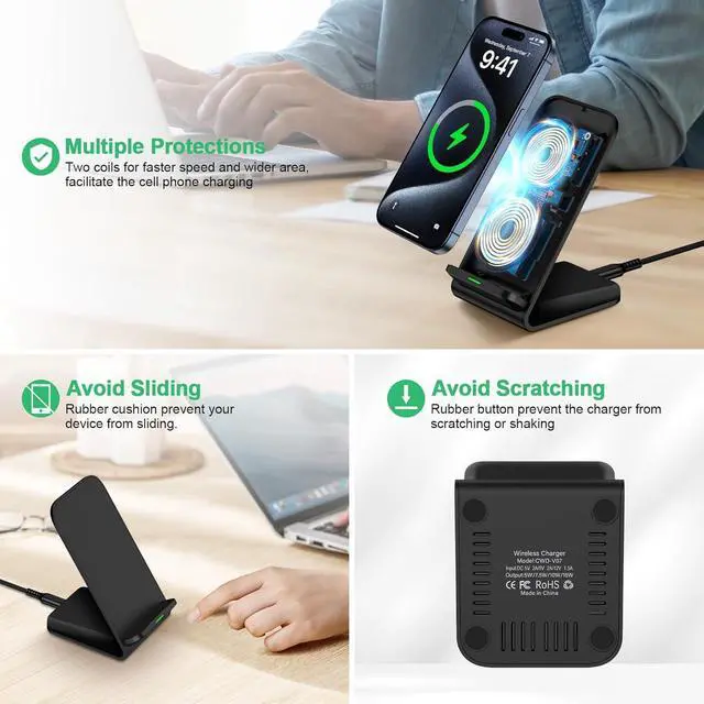 Alt view image 10 of 14 - Wireless Charger Fast Charging Stand Wireless Android Desk Phone Charger Pad 15W for Galaxy S24 S25 Ultra Plus S24FE S23FE S22 S21 Pixel 9 Pro iPhone 16/15 Pro Max with 18W Adapter