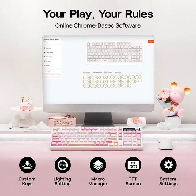 Alt view image 14 of 14 - TH99 PRO 96% Mechanical Keyboard with Screen & Knob, 10000mAh, 2.4Ghz/BT, Hot Swap, Custom Driver, RGB Backlight, PBT Keycap, Wireless Gaming Keyboard for PC/Mac (Pink, Creamy Jade)