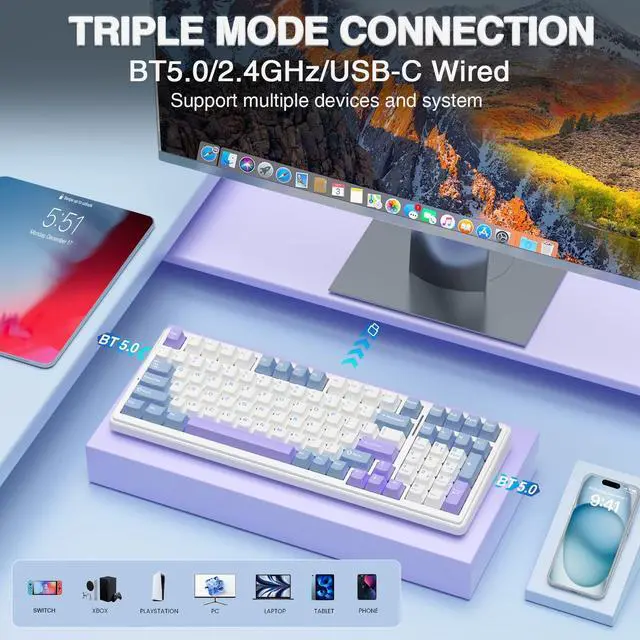 Alt view image 9 of 14 - F99 Wireless Mechanical Keyboard,Tri-Mode BT5.0/2.4GHz/USB-C Hot Swappable Custom Keyboard,Pre-lubed Linear Switches,Gasket Structure,RGB Backlit Gaming Keyboard for PC/Tablet/Xbox/PS4/PS5