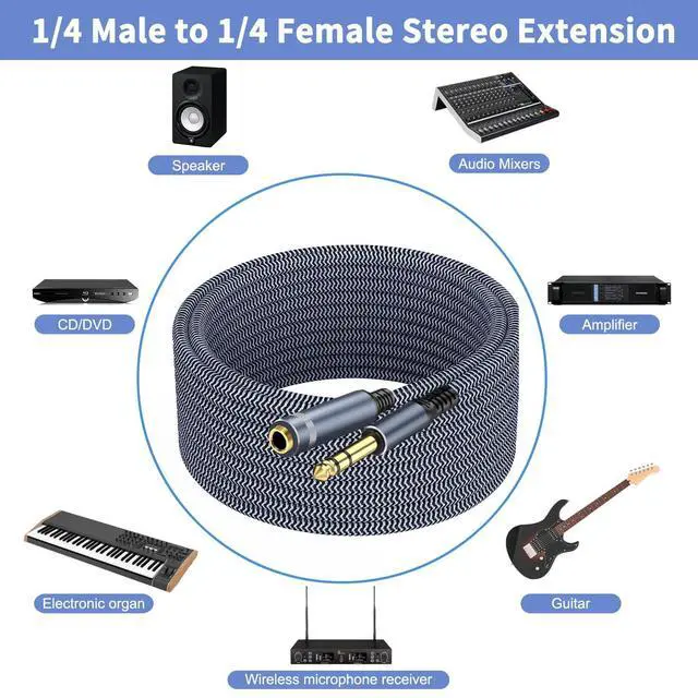 Alt view image 11 of 14 - 1/4 inch Extension Cable 10ft 1/4 Male to Female Stereo Headphone Guitar Cable