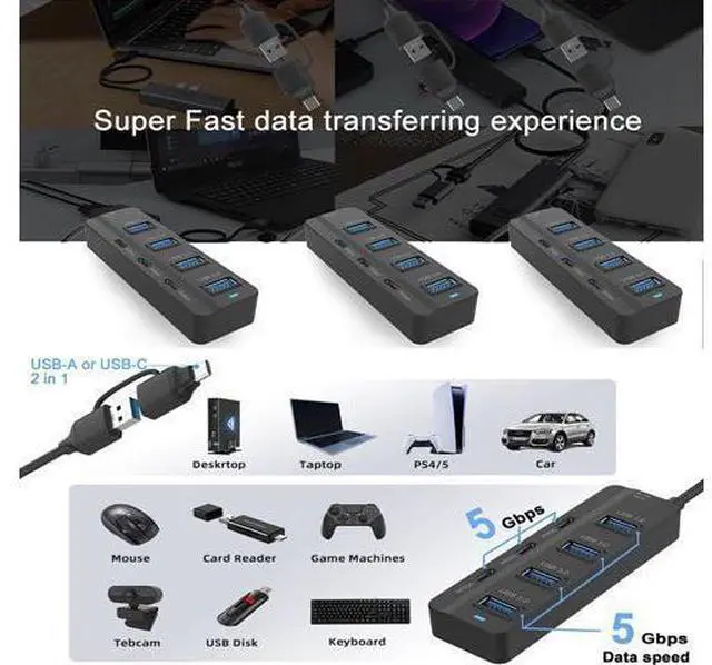 Alt view image 9 of 12 - USB C Hub, 5Gbps 7 Ports USB 3.0, USB Hub with USB C Long Cable USB Splitter Multiport Adapter Compatible with Thunderbolt3/4,MacBook, iMac, Surface Pro