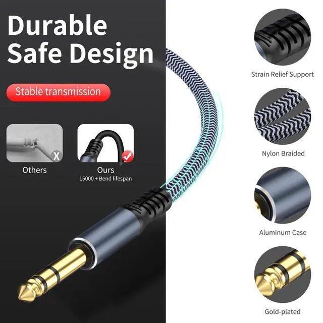 Alt view image 12 of 14 - 1/4 inch Extension Cable 10ft 1/4 Male to Female Stereo Headphone Guitar Cable