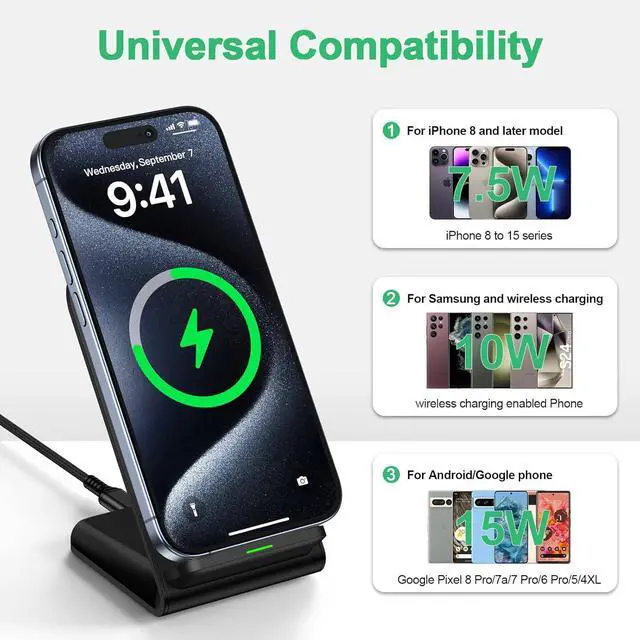 Alt view image 14 of 14 - Wireless Charger Fast Charging Stand Wireless Android Desk Phone Charger Pad 15W for Galaxy S24 S25 Ultra Plus S24FE S23FE S22 S21 Pixel 9 Pro iPhone 16/15 Pro Max with 18W Adapter