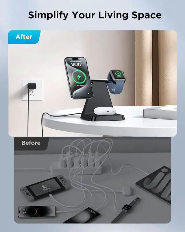 Alt view image 11 of 14 - Charging Station for Multiple Devices : 3 in 1 Magnetic Wireless Charger Stand for Mag Safe iPhone - Nightstand Charging Dock for iPhone 16 15 14 13 12 Pro Max Plus Watch Airpods