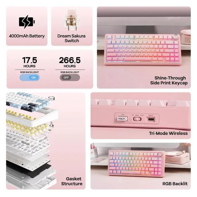 Alt view image 10 of 14 - X Aula F75 75% Wireless Gaming Keyboard+Puff Aviator Coiled USB Cable