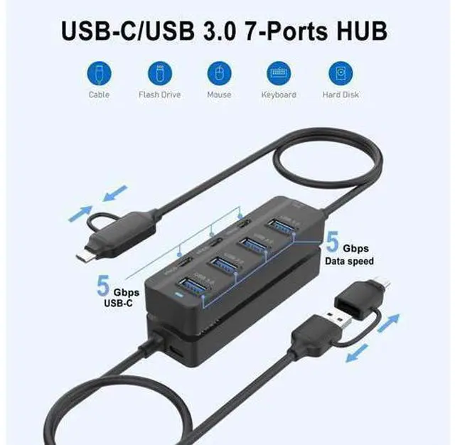 Alt view image 12 of 12 - USB C Hub, 5Gbps 7 Ports USB 3.0, USB Hub with USB C Long Cable USB Splitter Multiport Adapter Compatible with Thunderbolt3/4,MacBook, iMac, Surface Pro