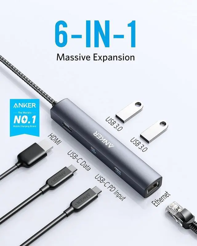Alt view image 8 of 12 - 6-in-1 USB C Hub with 65W Power Delivery 4K HDMI 1Gbps Ethernet USB Ports for MacBook Air iPad Pro XPS and More