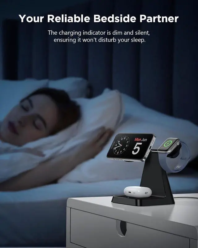 Alt view image 14 of 14 - Charging Station for Multiple Devices : 3 in 1 Magnetic Wireless Charger Stand for Mag Safe iPhone - Nightstand Charging Dock for iPhone 16 15 14 13 12 Pro Max Plus Watch Airpods