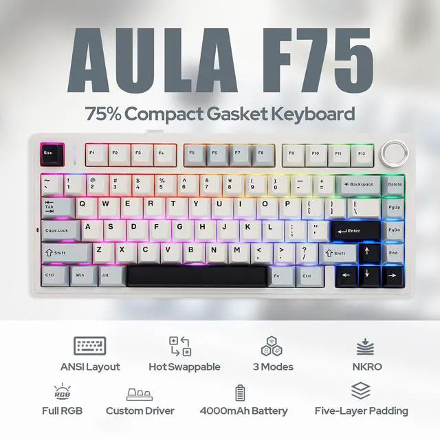 Alt view image 9 of 14 - x Aula F75 Gasket Mechanical Keyboard with Five-Layer Padding&Knob + Sea Salt Silent Mechanical Keyboard Switches Set