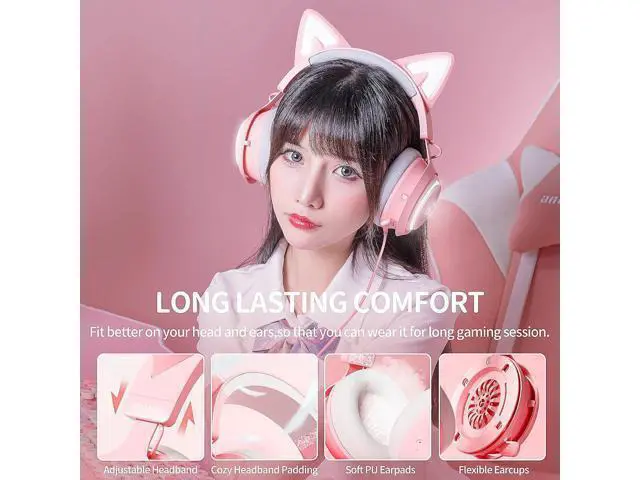 Alt view image 11 of 14 - SOMIC GS510 Gaming Headset, Cat Ear Headset PC Gaming Headphones with Retractable Mic Noise Cancelling, Stereo Sound, DIY Face Covers for PC, PS4, PS5,Xbox One(Only White LED Light)-Pink