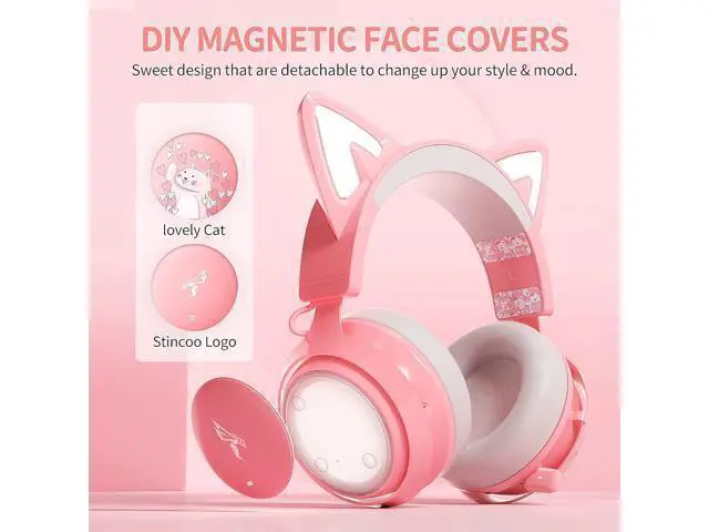 Alt view image 12 of 14 - SOMIC GS510 Gaming Headset, Cat Ear Headset PC Gaming Headphones with Retractable Mic Noise Cancelling, Stereo Sound, DIY Face Covers for PC, PS4, PS5,Xbox One(Only White LED Light)-Pink