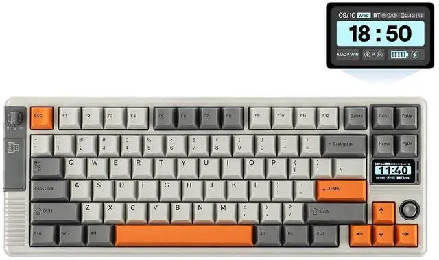 Alt view image 8 of 14 - RT85 Wireless Mechanical Keyboard with Joystick & DIY Screen | 8000mAh, BT/USB/2.4Ghz, Gasket, 5-Layer Paddings, Hot-Swap, PBT Keycap, 75% Gaming Keyboard (Retro White, Wisteria Linear)