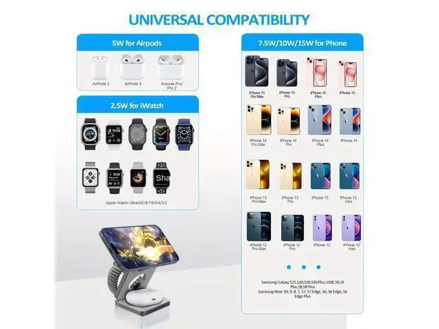 Alt view image 6 of 6 - Three-in-one Multi-function Folding Wireless Charger for for Portable Magnetic Mobile Phone Holder Fast Charging 15W