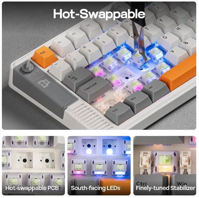 Alt view image 13 of 14 - RT85 Wireless Mechanical Keyboard with Joystick & DIY Screen | 8000mAh, BT/USB/2.4Ghz, Gasket, 5-Layer Paddings, Hot-Swap, PBT Keycap, 75% Gaming Keyboard (Retro White, Wisteria Linear)