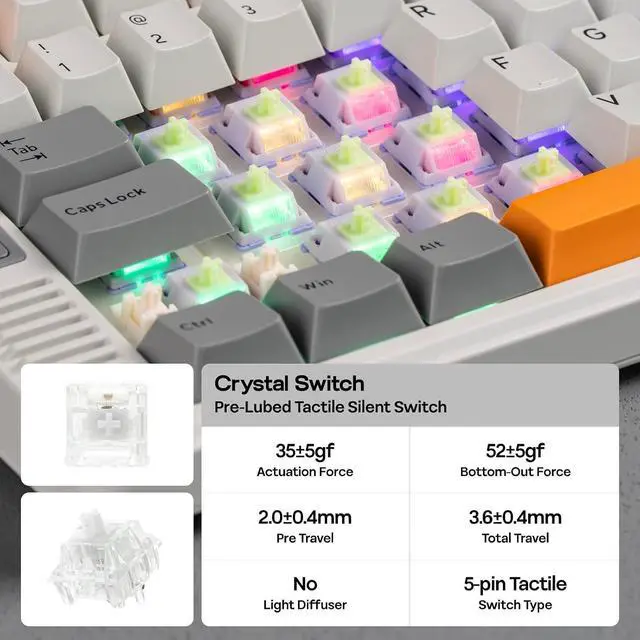 Alt view image 14 of 14 - RT85 Wireless Mechanical Keyboard with Joystick & DIY Screen | 8000mAh, BT/USB/2.4Ghz, Gasket, 5-Layer Paddings, Hot-Swap, PBT Keycap, 75% Gaming Keyboard (Retro White, Crystal Switch)