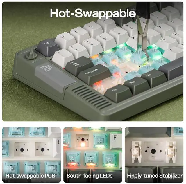 Alt view image 13 of 14 - RT85 Wireless Mechanical Keyboard with Joystick & DIY Screen | 8000mAh, BT/USB/2.4Ghz, Gasket, 5-Layer Paddings, Hot-Swap, PBT Keycap, 75% Gaming Keyboard (Army Green, Wisteria Linear)