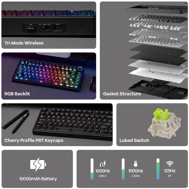 Alt view image 10 of 14 - x Aula F75 Ultra Wireless Gaming Keyboard with Knob, 10000mAh, Hot Swap, RGB, PBT Keycap, Creamy Sound, VIA, 75% Mechanical Keyboard for Win/Mac (Black, Reaper)
