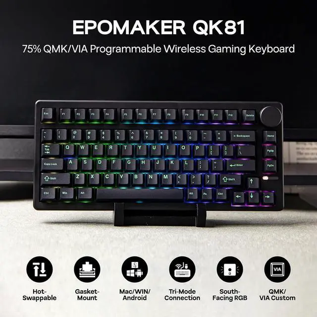 Alt view image 9 of 14 - QK81 75% Wireless Mechanical Gaming Keyboard, QMK/VIA Programmable and Hot-Swappable, 81 Keys with Metal Knob, 2.4Ghz/BT/USB, Creamy Gasket-Mount, RGB Backlight (Black, Wisteria Switch)