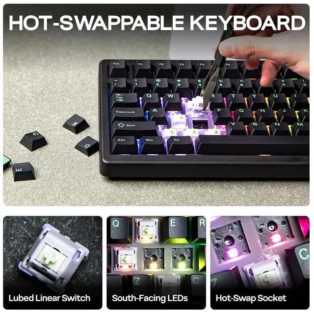 Alt view image 12 of 14 - QK81 75% Wireless Mechanical Gaming Keyboard, QMK/VIA Programmable and Hot-Swappable, 81 Keys with Metal Knob, 2.4Ghz/BT/USB, Creamy Gasket-Mount, RGB Backlight (Black, Wisteria Switch)