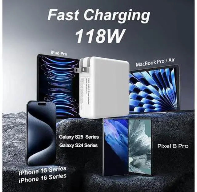 Alt view image 9 of 14 - Mac Book Pro Charger - 118W USB C Laptop Charger Power Adapter Fit MacBook Air 13 14 15 16 inch MacBook Pro M1 M2 M3 M4 iPad Pro and All Type C Port Devices 6.6 Ft USB C to C Cable