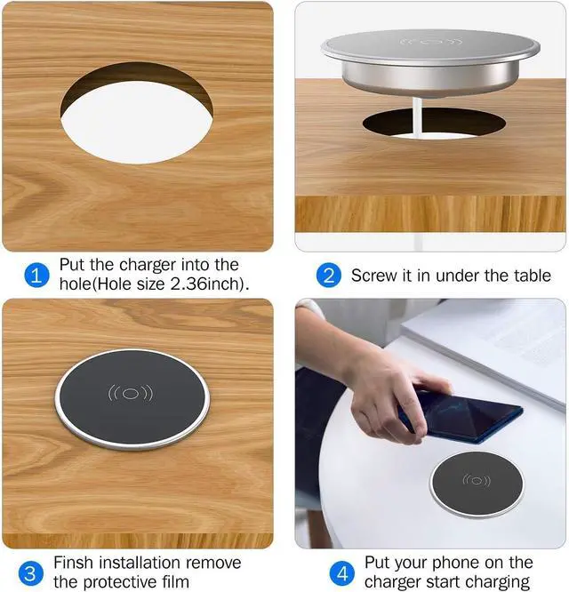 Alt view image 12 of 12 - Desk Wireless Charger 15W Fast Charging Pad for iPhone 17/16/15/14/13/12/11/Pro/Xs Max/XR/AirPods/ Galaxy 10/S10+/S9 Hidden Embed in Furniture Desk Grommet Hole Qi Charger Station