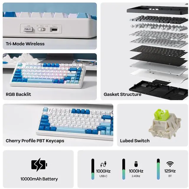 Alt view image 10 of 14 - x Aula F75 Ultra Wireless Gaming Keyboard with Knob, 10000mAh, Hot Swap, RGB, PBT Keycap, Creamy Sound, VIA, 75% Mechanical Keyboard for Win/Mac (Blue, Reaper)