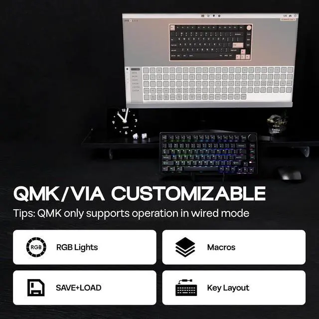 Alt view image 13 of 14 - QK81 75% Wireless Mechanical Gaming Keyboard, QMK/VIA Programmable and Hot-Swappable, 81 Keys with Metal Knob, 2.4Ghz/BT/USB, Creamy Gasket-Mount, RGB Backlight (Black, Wisteria Switch)