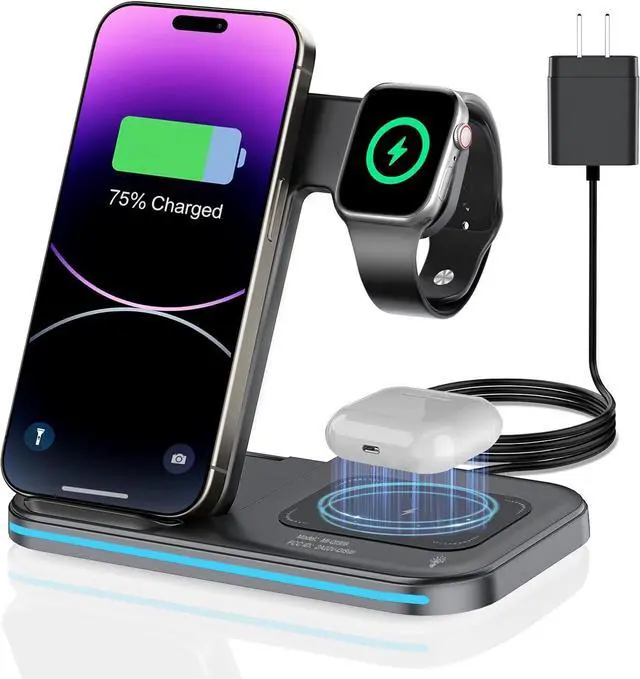 Alt view image 8 of 14 - 3 in 1 Charging Station Wireless Charger lPhone Foldable Charging Stand for Multiple Devices with Quick Charger for lPhone 16/15/14/13 Pro Max Watch AriPods Pro 2