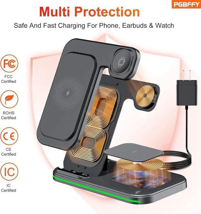 Alt view image 9 of 14 - 3 in 1 Charging Station Wireless Charger lPhone Foldable Charging Stand for Multiple Devices with Quick Charger for lPhone 16/15/14/13 Pro Max Watch AriPods Pro 2
