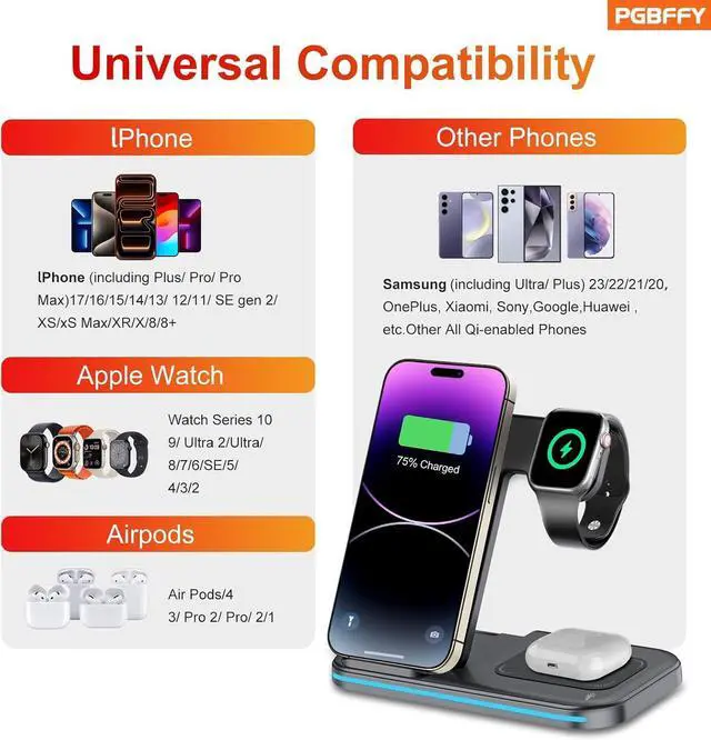 Alt view image 10 of 14 - 3 in 1 Charging Station Wireless Charger lPhone Foldable Charging Stand for Multiple Devices with Quick Charger for lPhone 16/15/14/13 Pro Max Watch AriPods Pro 2