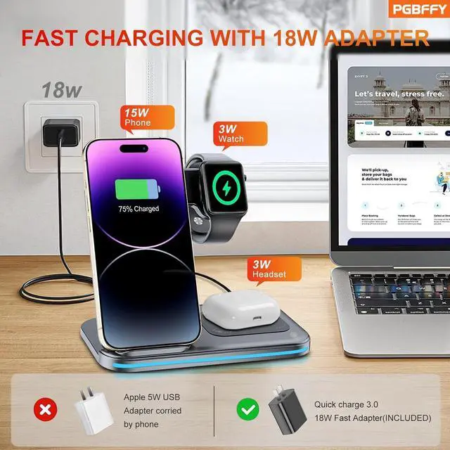 Alt view image 11 of 14 - 3 in 1 Charging Station Wireless Charger lPhone Foldable Charging Stand for Multiple Devices with Quick Charger for lPhone 16/15/14/13 Pro Max Watch AriPods Pro 2