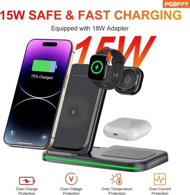 Alt view image 12 of 14 - 3 in 1 Charging Station Wireless Charger lPhone Foldable Charging Stand for Multiple Devices with Quick Charger for lPhone 16/15/14/13 Pro Max Watch AriPods Pro 2