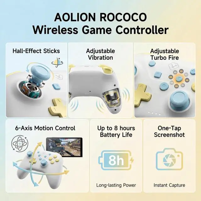 Alt view image 10 of 14 - Wireless Controller for Switch 2/Switch/OLED, Hall Effect Joysticks, Bluetooth & 2.4G Wireless, Wired Gamepad for PC, iOS & Android, Turbo, Dual Vibration, Cute Pastel Design