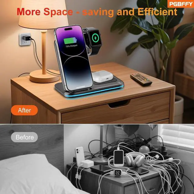 Alt view image 14 of 14 - 3 in 1 Charging Station Wireless Charger lPhone Foldable Charging Stand for Multiple Devices with Quick Charger for lPhone 16/15/14/13 Pro Max Watch AriPods Pro 2