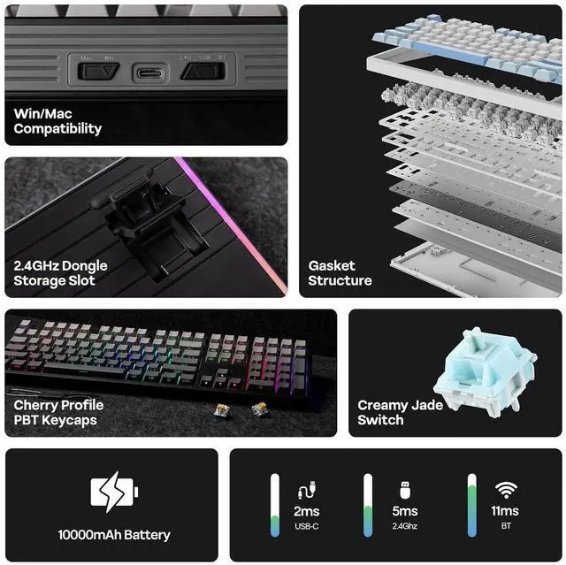 Alt view image 9 of 14 - TH108 Full Size Mechanical Keyboard, Wireless Gaming Keyboard with 8000mAh Battery x vvyruus Retromania Keycaps Set - 130 Keys