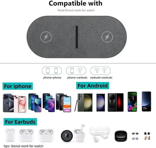 Alt view image 9 of 12 - 40W Wireless Charging Pad Dual 20W Fast Wireless Charging Mat for iPhone 16 15 14 13 12 11/Pro/Pro Max/SE/X/XS Airpods 4/3/Pro 15W Wireless Charger Station for Galaxy/Note/Bud+