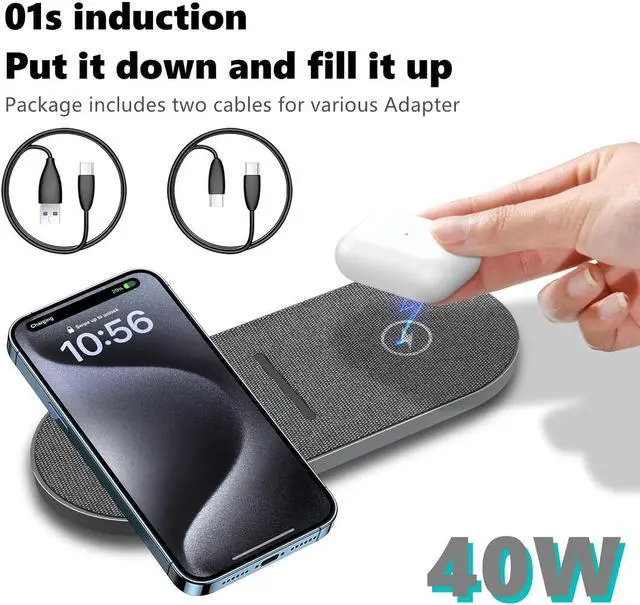 Alt view image 8 of 12 - 40W Wireless Charging Pad Dual 20W Fast Wireless Charging Mat for iPhone 16 15 14 13 12 11/Pro/Pro Max/SE/X/XS Airpods 4/3/Pro 15W Wireless Charger Station for Galaxy/Note/Bud+