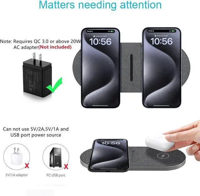 Alt view image 12 of 12 - 40W Wireless Charging Pad Dual 20W Fast Wireless Charging Mat for iPhone 16 15 14 13 12 11/Pro/Pro Max/SE/X/XS Airpods 4/3/Pro 15W Wireless Charger Station for Galaxy/Note/Bud+