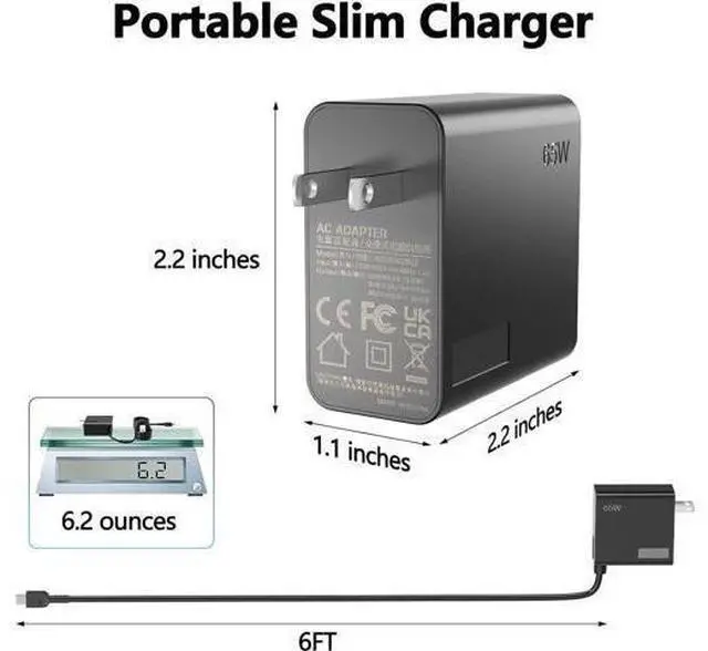 Alt view image 10 of 14 - New Slim 65W USB Type C AC Charger for Thinkpad Yoga Chromebook IdeaPad Laptop Power Supply Adapter Cord