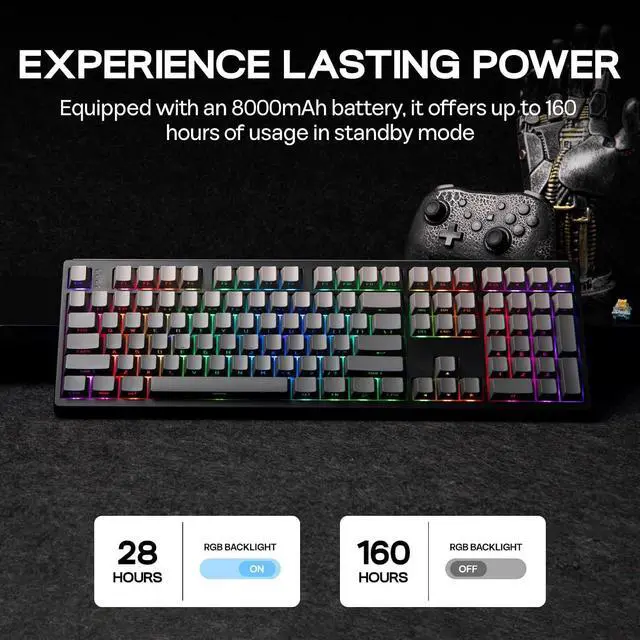 Alt view image 11 of 14 - TH108 Full Size Mechanical Keyboard, Wireless Gaming Keyboard with 8000mAh Battery x vvyruus Retromania Keycaps Set - 130 Keys